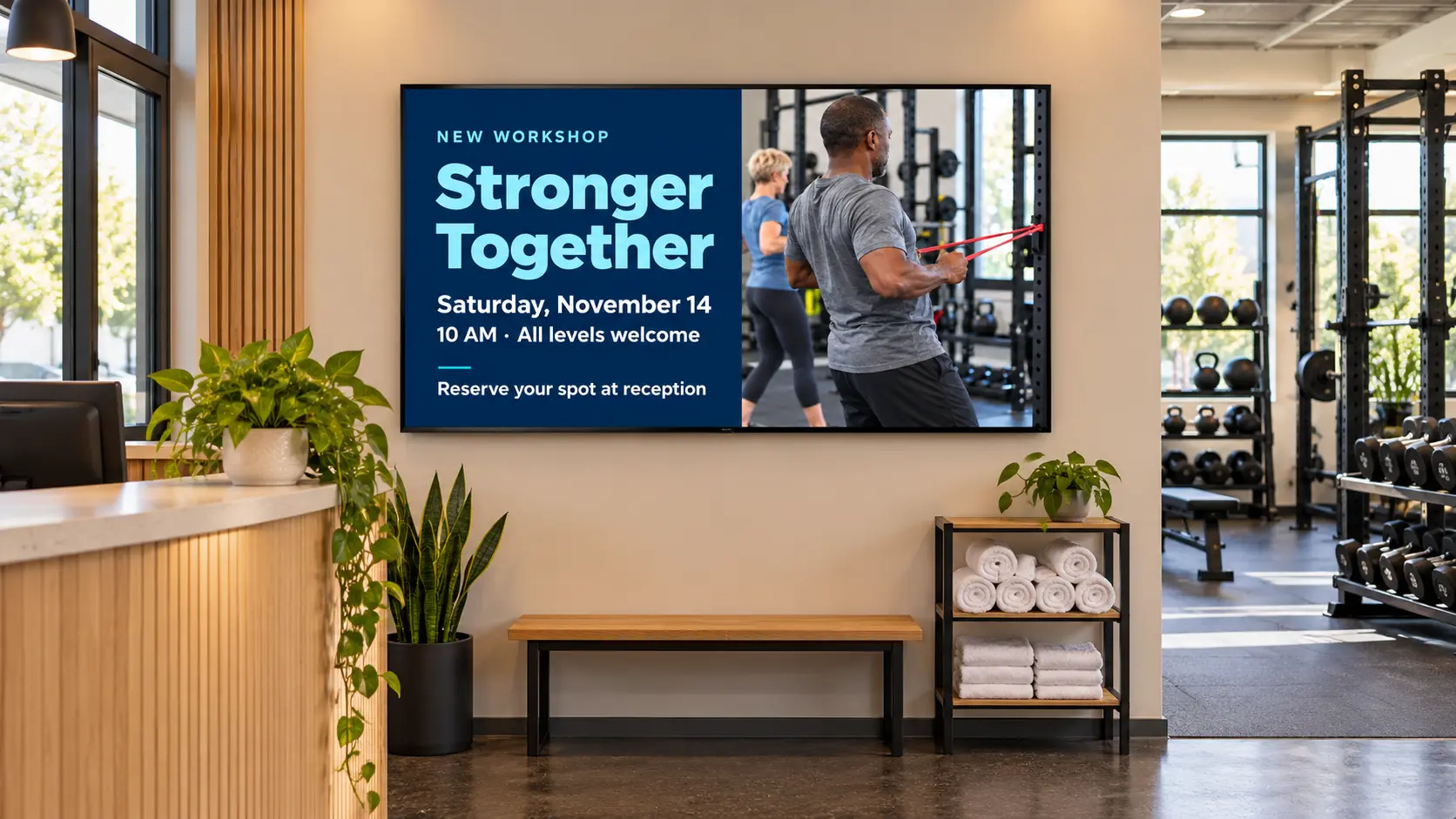 Example gym reception screen promoting a training workshop