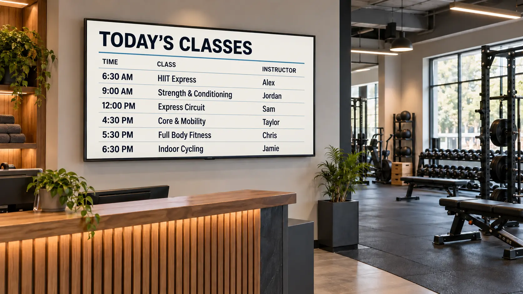 Gym interior with a digital class schedule