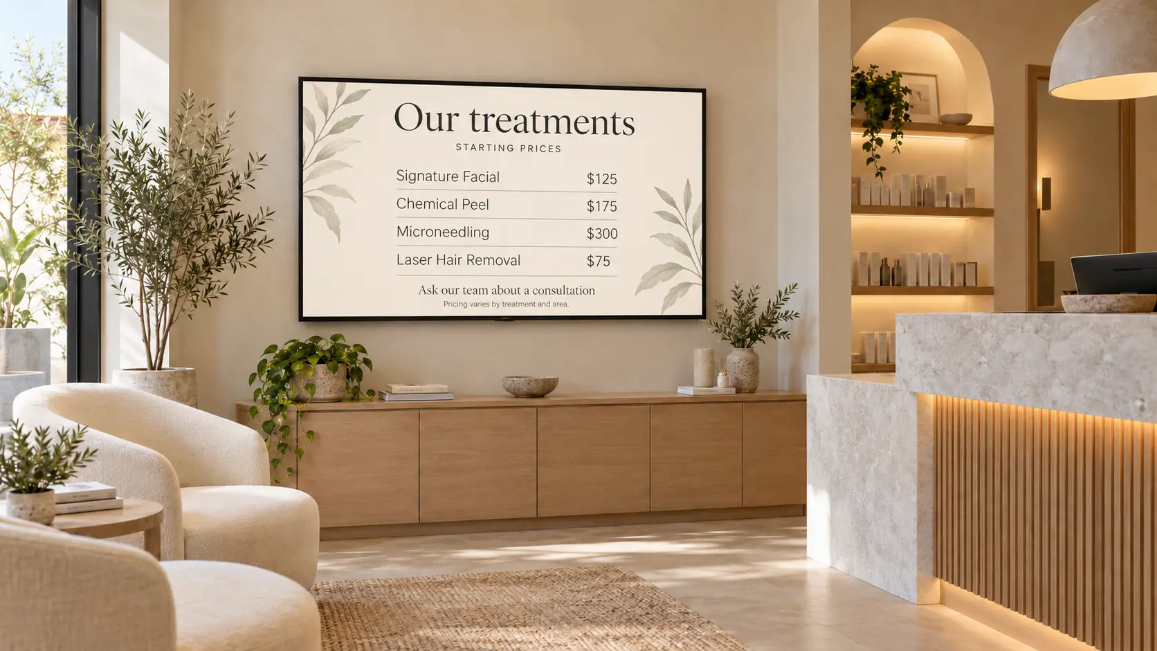 Med spa reception with a digital treatment menu